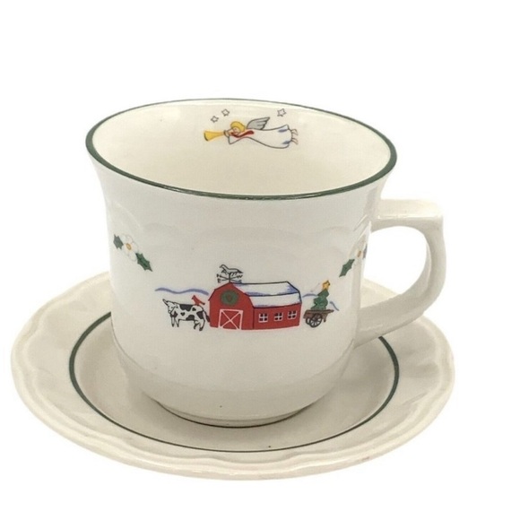 Pfaltzgraff Snow Village Flat Cup & Saucer Coffee Tea Angel Farmhouse Set of 2 - Picture 4 of 6